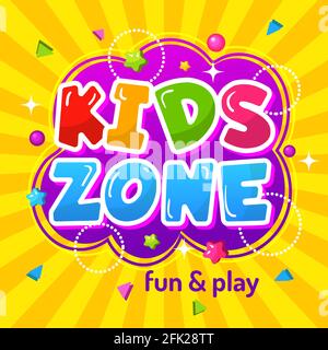 Zona bambini. Poster promozionale colorata area gioco emblema felice bambini per giochi modello vettoriale Illustrazione Vettoriale