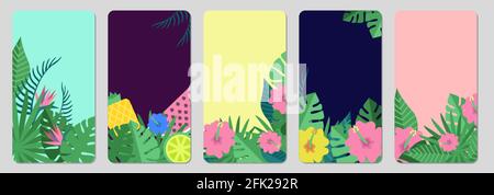 Striscioni tropicali. Foglie esotiche, frutta modello di storie di social media. Volantini vettoriali con foglie di palma, fiori e piante verdi Illustrazione Vettoriale