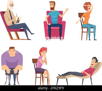 Consulente di psicologia. La psicoterapia aiuta a consultare le persone maschili e femminili che si trovano in divano e insieme vettoriale di gruppo Illustrazione Vettoriale