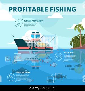 Barche da pesca sfondo. Ocean Water fisher nave vettore immagine infografica Illustrazione Vettoriale