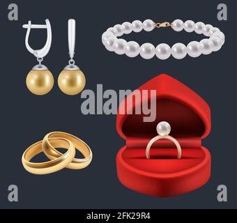 Anelli di nozze. Decorazioni in oro rosso confezioni di gioielli lucido vettore realistico set Illustrazione Vettoriale