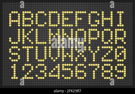 Lettere digitali. Modello di font Cyber clock per display tabelloni numeri vettoriali e lettere Illustrazione Vettoriale