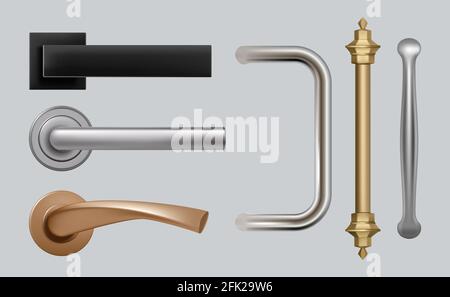 Maniglie delle portiere. Quadri vettoriali moderni e dettagliati di alta qualità manici in acciaio per mobili Illustrazione Vettoriale