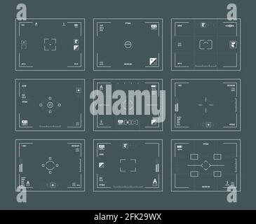 Interfaccia mirino. Archivio digitale dslr fotocamere cornici obiettivo focalizzato vettore web set modello Illustrazione Vettoriale