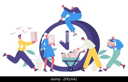 Concetto di ufficio di scadenza. Gli uomini d'affari si affrettano il processo di lavoro, gli impiegati di ufficio ad alto stress. Illustrazione vettoriale dei lavoratori straordinari per la gestione del tempo Illustrazione Vettoriale