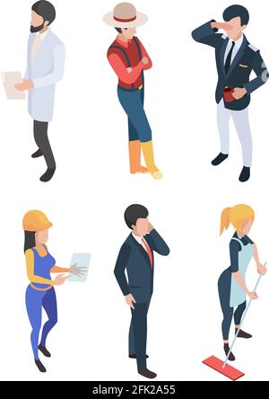 Persone isometriche. Professioni persone lavoro lavoratori diversi ingegnere uomo d'affari medico chef contadino caratteri vettoriali Illustrazione Vettoriale