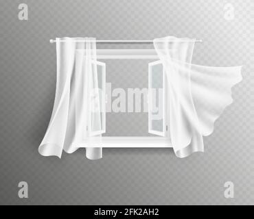 Aprire la finestra. Cornice bianca con vetro e tende. Interni di design, finestre isolate decorate in tessuto trasparente di seta volante. Vettore 3d realistico Illustrazione Vettoriale