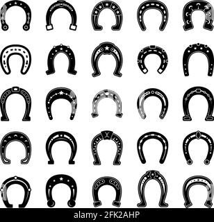 Scarpe da cavallo fortunate. Collezione vettoriale di oggetti di hoof con simboli grafici di fabbro Illustrazione Vettoriale