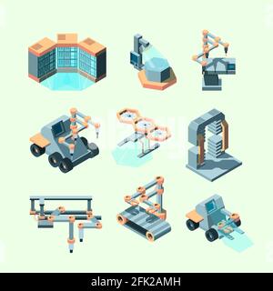 Isometrica dell'industria. Macchine intelligenti controllo remoto robotizzato processi di produzione apparecchiature elettroniche strumenti di intelligenza immagini vettoriali Illustrazione Vettoriale