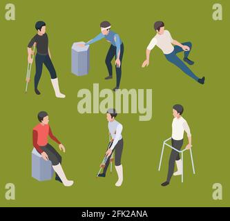 Gambe rotte. Crutches persona adulta ortopedia medica riabilitazione vettore isometrico umano Illustrazione Vettoriale