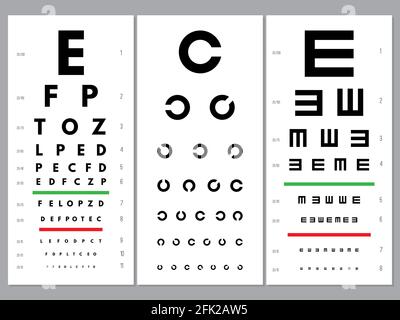 Grafici degli occhi. Oftalmologica vision test alfabeto e lettere alfabeto ottico set vettoriale Illustrazione Vettoriale