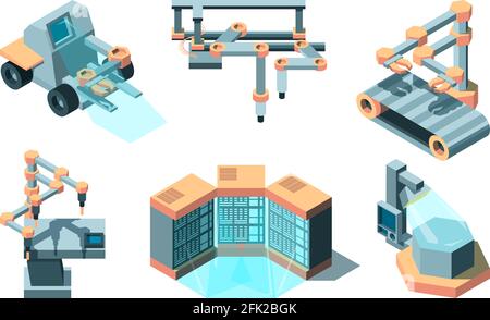 Isometrica intelligente del settore. Macchine future tecnologie robotiche elaborazione di immagini vettoriali per la produzione remota 3d Illustrazione Vettoriale