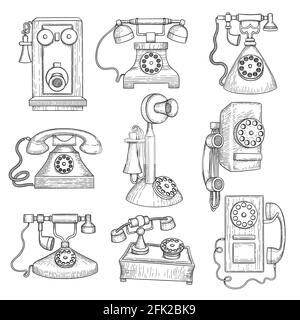 Telefono retro. Antichi gadget tecnologici vettoriali oggetti di comunicazione disegnati a mano Illustrazione Vettoriale