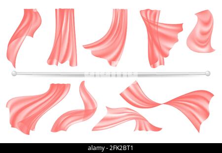 Asta di tenda e decorazione tessile di finestra. Tessuto trasparente in seta volante rosso, elementi vettoriali dal design realistico e isolato degli interni Illustrazione Vettoriale
