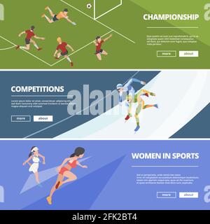 Banner sportivi. Gli atleti di giochi olimpici in azione pone i jumper ginnici corridori giocatori di calcio vettore persone isometriche Illustrazione Vettoriale