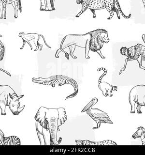 Tracciare il modello animale. Africa, sfondo asiatico della fauna. Elefante e scimmia, leone e coccodrillo vettore tessitura senza cuciture Illustrazione Vettoriale