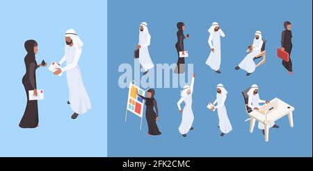 Arabo isometrico. Dubai uomo saudita donna affari persone arabo imprenditore caratteri vettoriali illustrazioni Illustrazione Vettoriale