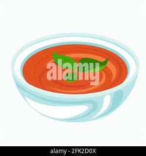 Zuppa di pomodoro in ciotola azzurra con vettore di foglie di basilico illustrazione Illustrazione Vettoriale