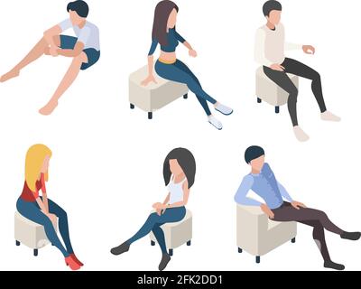 Persone sedute. Personaggi in poltrone di lettino umani uomini uomini e donne in relax pone vettore isometrico Illustrazione Vettoriale