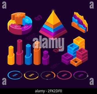 Infografica futuristica. Grafici grafici statistiche barre vettoriali analisi di business elementi isometrici Illustrazione Vettoriale