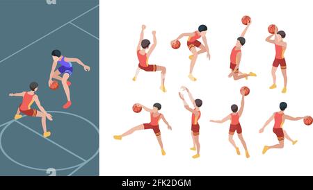 Gioco di basket. I giocatori di sport in azione attiva pone i giocatori di basket isometrici insieme vettoriale Illustrazione Vettoriale
