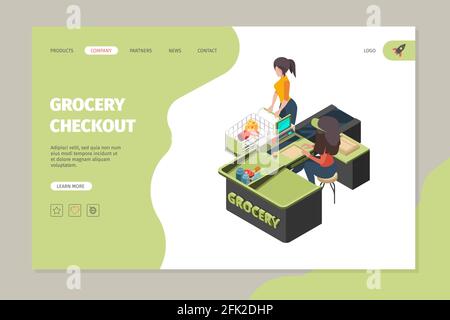 Negozio di alimentari checkout. Buyers in negozio di alimentari cassa pagante scansione acquistare prodotti grande servizio vendite supermercato vettore isometrico set Illustrazione Vettoriale