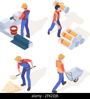 Costruttori isometrici. Operai edili in casco e professionisti uniformi vettore persone in azione pone Illustrazione Vettoriale