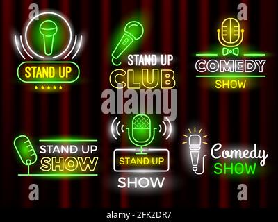 Commedia standup. Aprire i simboli comediani del microfono insieme di logotipi del neon vettoriale Illustrazione Vettoriale
