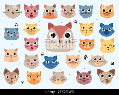 Testa Kitty. Animali divertenti gatti domestici colorati emozioni diverse vettore doodle illustrazioni Illustrazione Vettoriale