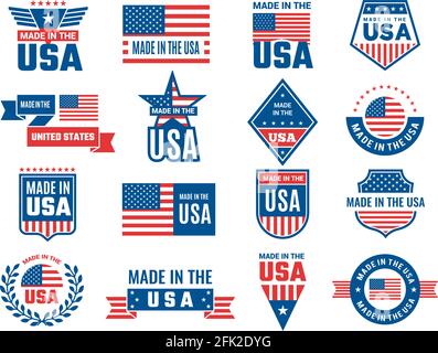 Logo Made in usa. Etichetta per la bandiera patriota americana e simboli speciali per il disegno vettoriale dei timbri usa Illustrazione Vettoriale