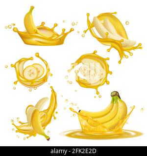 Succo di banana. Gocce giallo liquido da succo di bannanas frutta sana dessert esotici gocciolando 3d vettore immagini realistiche promozionali Illustrazione Vettoriale