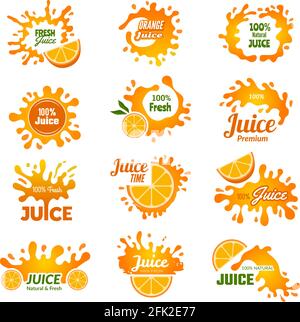 Logo Juice. Orange Ink Drop spruzzi pubblicità promo badge per la raccolta di illustrazioni vettoriali drink Illustrazione Vettoriale