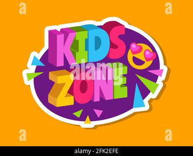 Adesivo zona bambini. logo 3d con lettere per la sala giochi per bambini. Il segno dell'area di gioco del bambino con l'illustrazione carina del vettore del sorriso Illustrazione Vettoriale