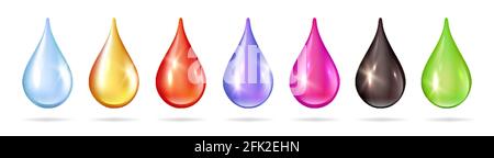 Gocce di liquido colorate. Olio isolato acqua miele sangue marmellata goccioline. Set vettoriale di bolle colorate realistiche Illustrazione Vettoriale