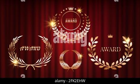 Cartelli premio. Brillare le corone di alloro sulle tende rosse. Golden bronzo celebrazione anniversario etichette vettoriali Illustrazione Vettoriale