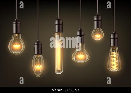 Luci realistiche. Set di illustrazioni vettoriali per lampadine a incandescenza a sospensione Illustrazione Vettoriale