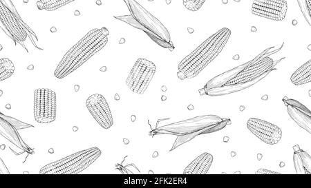 Schizzo di mais. Raccolta di cereali, pannocchie trafilate a mano e semi vettore senza cuciture modello Illustrazione Vettoriale