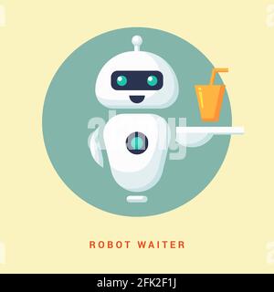 Icona assistente robot su stile piatto. Assistente umano Android. Automazione del cameriere. Cameriere robot. Illustrazione Vettoriale