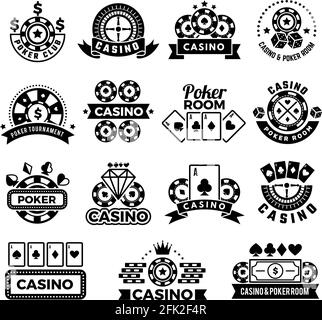 Emblemi del casinò. Etichette per i simboli dei tornei di poker club carte da gioco chip e dice raccolta vettoriale Illustrazione Vettoriale