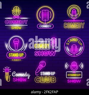 Spettacolo standup. Retro microfono commedia club neon logotipi comedian identità vettore set collezione Illustrazione Vettoriale