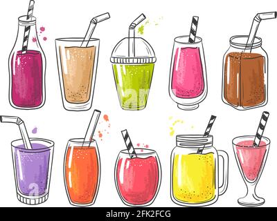 Frullato estivo. Frutta fredda bevande sane vitamina succo vettore scuotere illustrazioni Illustrazione Vettoriale