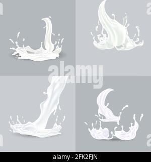 Schizzi realistici di liquido bianco con immagini vettoriali a gocce isolate su sfondo grigio. Caduta di latte, erogazione di bevande. Spruzzi di panna bianca o yogurt. Ondate di bevande fluenti, liquidi. Illustrazione Vettoriale