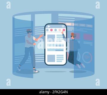 Due giovani personaggi maschi in occhiali VR toccando lo schermo dello smartphone immagine vettoriale piatta. Amici che navigano nei social media, in rete in realtà virtuale. Concetto di comunicazione moderno e futuro. Illustrazione Vettoriale