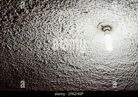 I tubi spiralati di una lampadina fluorescente fissata ad un tetto di cemento di ciottoli sono accesi. Foto Stock