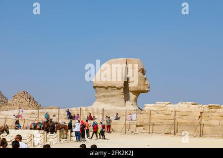 I turisti e una vista laterale della testa della scultura monumentale iconica, la Grande Sfinge di Giza, l'altopiano di Giza, il Cairo, Egitto Foto Stock