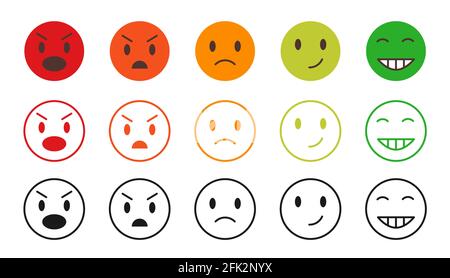 Set emoji in scala vettoriale cartoon. Raccolta di emoticon vettoriali rosse, arancioni, verdi, isolate su bianco. Umore e sorrisi facciali. Divertenti, arrabbiati, felici e tristi volti icone web per il messaggio. Illustrazione Vettoriale