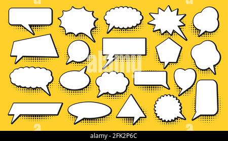 Retro fumetti bianco vuoto bolle di discorso set. Raccolta cloud di messaggi chat di stile vintage. Banner a bolle con caselle di testo vuote di forme diverse. Cornice etichetta preventivo per domanda, risposta, pubblicità Illustrazione Vettoriale