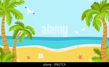 Spiaggia tropicale, sfondo estivo per il testo. Palme e gabbiani, sabbia marina, oceano. Isola piatto cartoon palme da cocco elemento di design natura. Spazio sulla spiaggia disegnato a mano per il testo. Illustrazione vettoriale Illustrazione Vettoriale