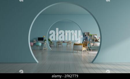 Soggiorno bianco e sala da pranzo moderna con mobili in legno.3D Rendering Foto Stock