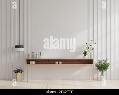 Armadietti e parete per tv in soggiorno, pareti bianche, rendering 3D Foto Stock